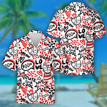 Black And White Cats Hearts And Dots Hawaiian Shirt, Hawaiian Shirt Gift, Christmas Gift