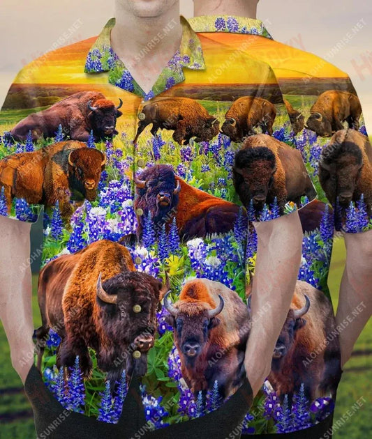 Bison Herd In Bluebonnet Field Unisex Short Sleeve Shirt Summer Hawaiian T Shirts Tactical Hawaiian Shirt Funny Hawaiian Shirts, Hawaiian Shirt Gift, Christmas Gift