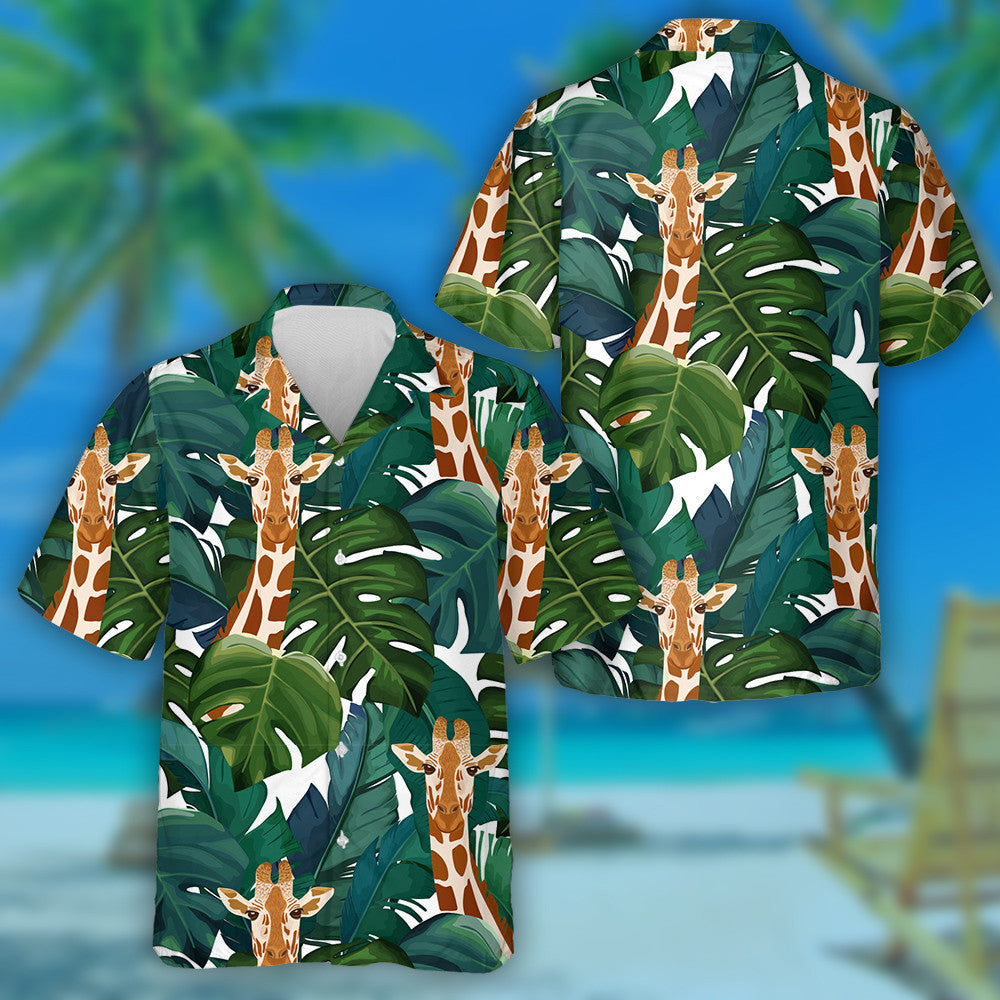 Hiding Giraffe In Exotic Palm Leaf Jungle Pattern Hawaiian Shirt, Hawaiian Shirt Gift, Christmas Gift