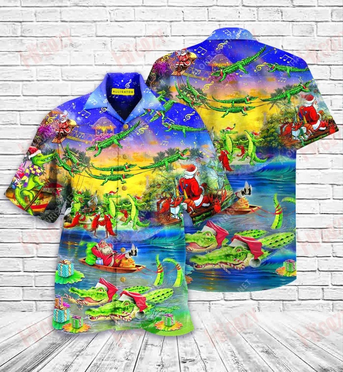 Santa Riding Alligator Short Hawaiian Shirt Summer Short Sleeve Custom Hawaiian Shirts Hawaiian Shirts For Women, Hawaiian Shirt Gift, Christmas Gift