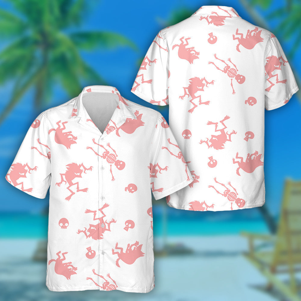 Halloween Wolf And Skeleton Pink Style Hawaiian Shirt, Hawaiian For Gift
