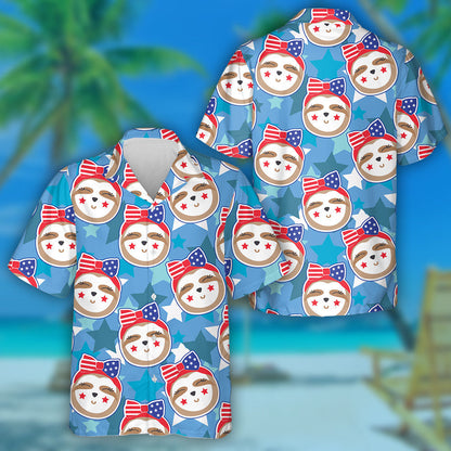 Cute Sloth Smiling Faces Patriotic Blue Star Background Hawaiian Shirt, Hawaiian Shirt Gift, Christmas Gift