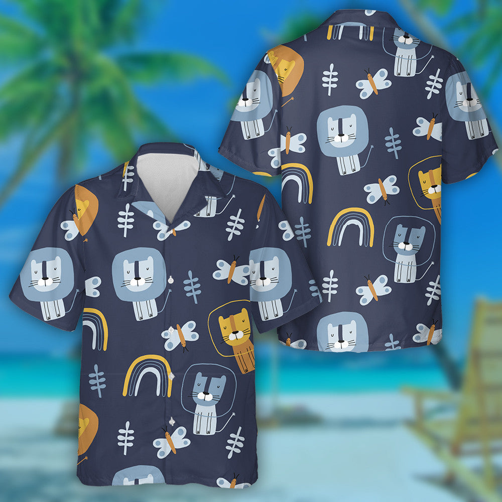 Hand Drawn Funny Lions And Butterflies Hawaiian Shirt, Hawaiian For Gift