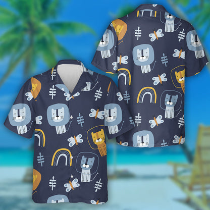 Hand Drawn Funny Lions And Butterflies Hawaiian Shirt, Hawaiian For Gift
