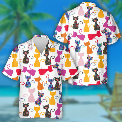 Colorful Adorable Modern Cats On White Hawaiian Shirt, Hawaiian For Gift