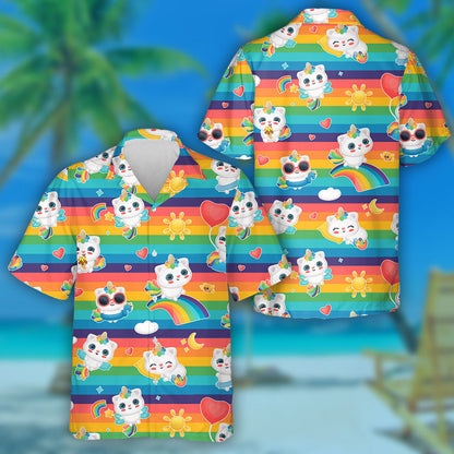 Fantasy Cat With Unicorn Horn On The Rainbow Background Hawaiian Shirt, Hawaiian Shirt Gift, Christmas Gift