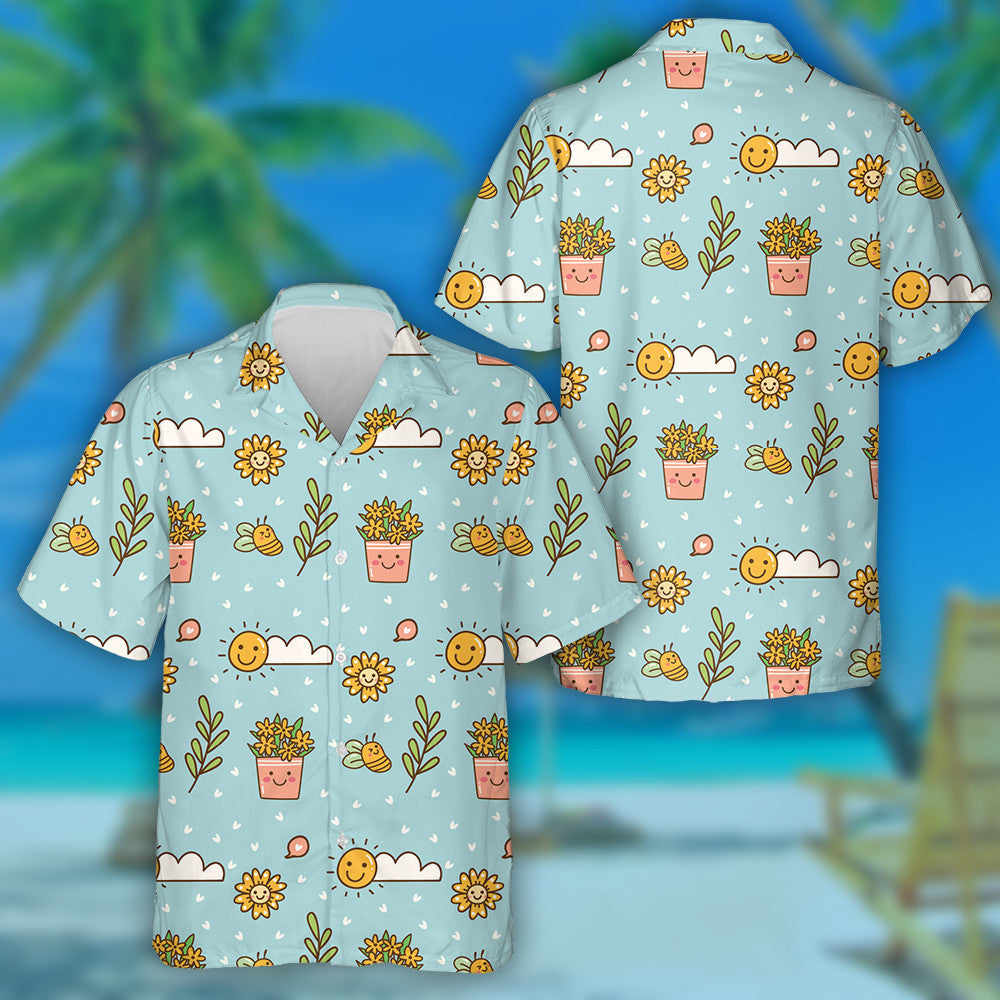 Happy Summer Day With Cartoon Sunflowers Sun And Bees Hawaiian Shirt, Hawaiian Shirt Gift, Christmas Gift