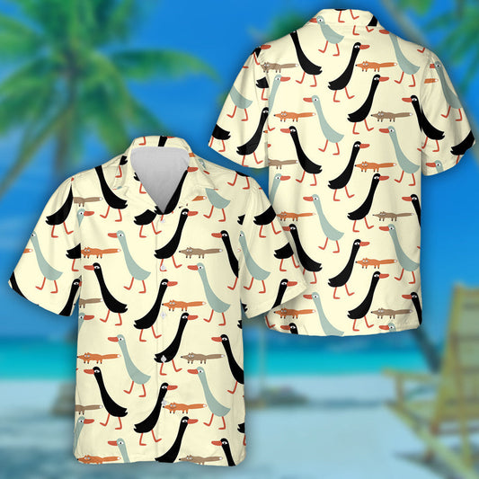 Hand Drawn Funny Duck And Fox Hawaiian Shirt, Hawaiian For Gift