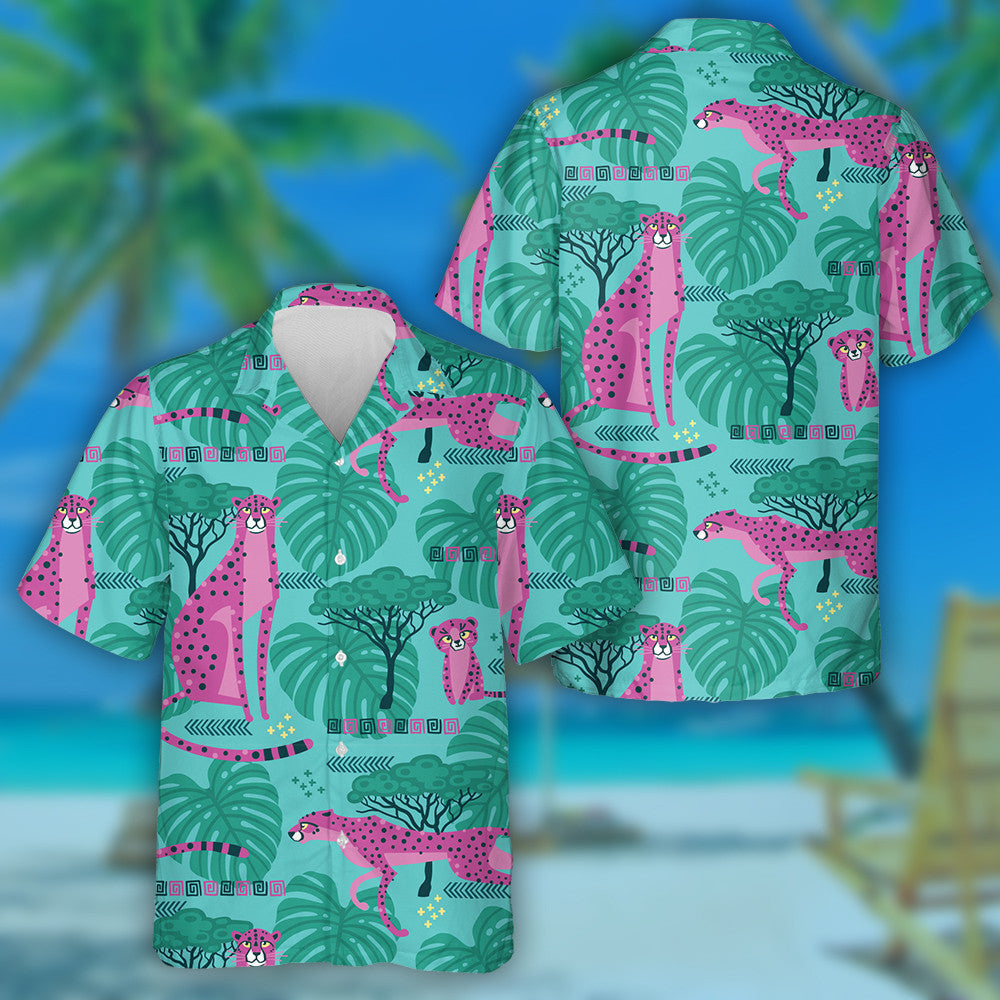 Leopards In Bright Pink And Turquoise Color Hawaiian Shirt, Hawaiian Shirt Gift, Christmas Gift