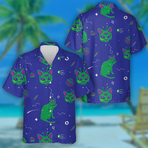 Cute Alien Cats On Dark Blue Hawaiian Shirt,Hawaiian Shirt Gift, Christmas Gift