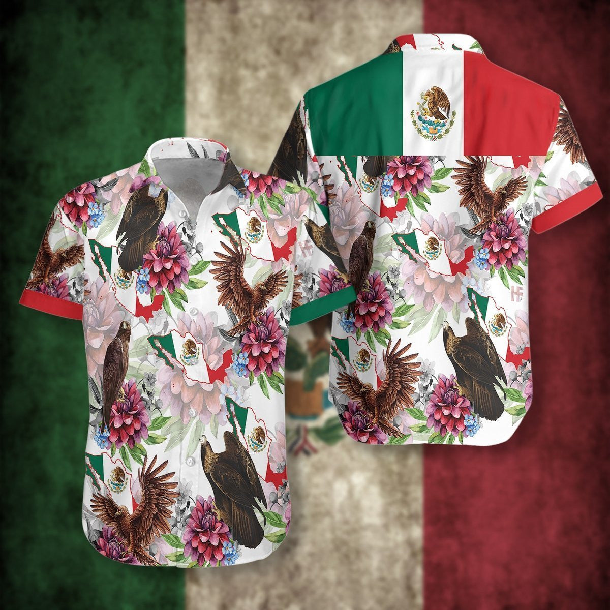 Mexico Proud Dahlia Golden Eagle On White Background Hawaiian Shirt, Hawaiian Shirt Gift, Christmas Gift