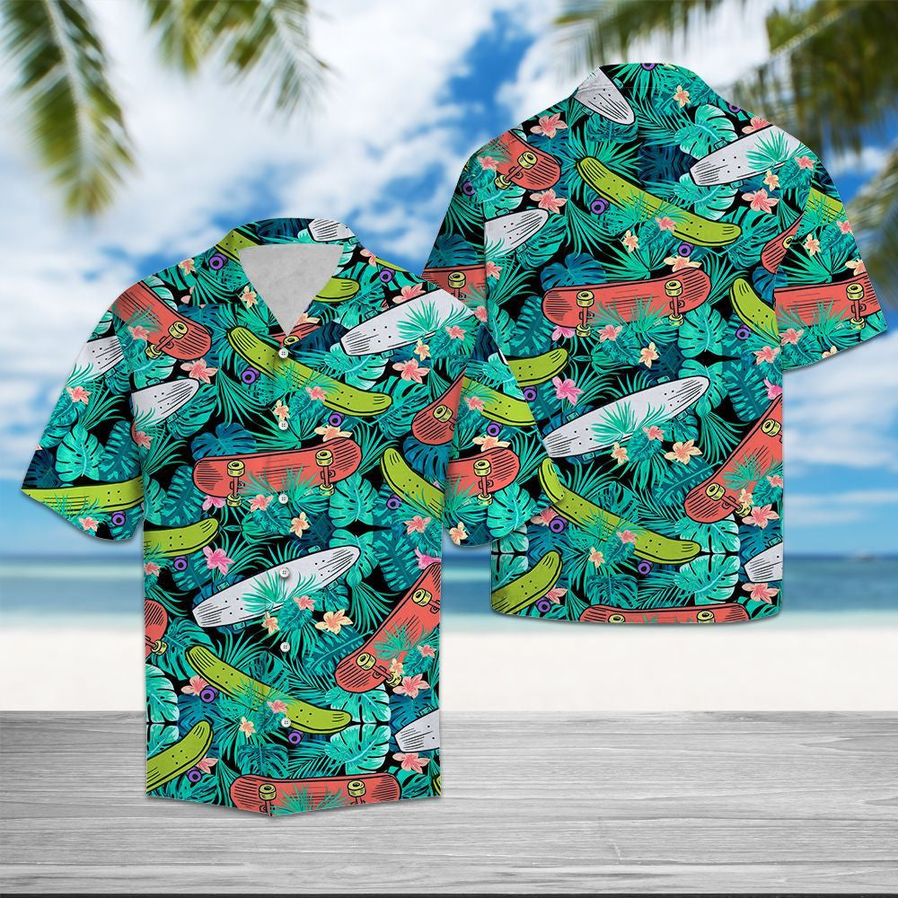 Drawing Colorful Skateboard On Tropical Leaves Themed Hawaiian Shirt, Hawaiian Shirt Gift, Christmas Gift