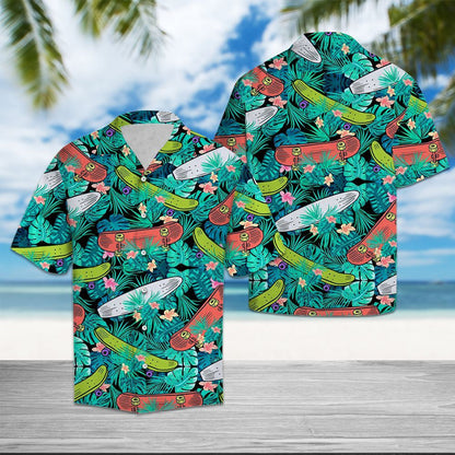 Drawing Colorful Skateboard On Tropical Leaves Themed Hawaiian Shirt, Hawaiian Shirt Gift, Christmas Gift