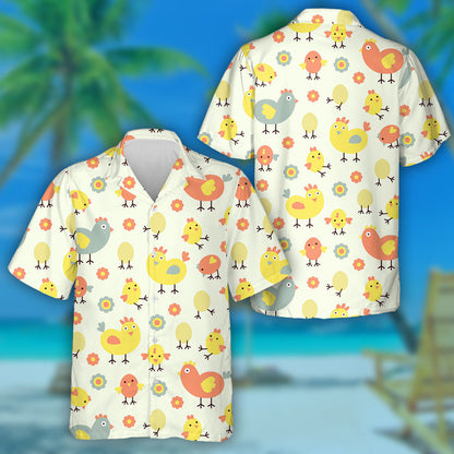 Funny Chicken With Egg And Flower On Beige Background Hawaiian Shirt, Hawaiian Shirt Gift, Christmas Gift