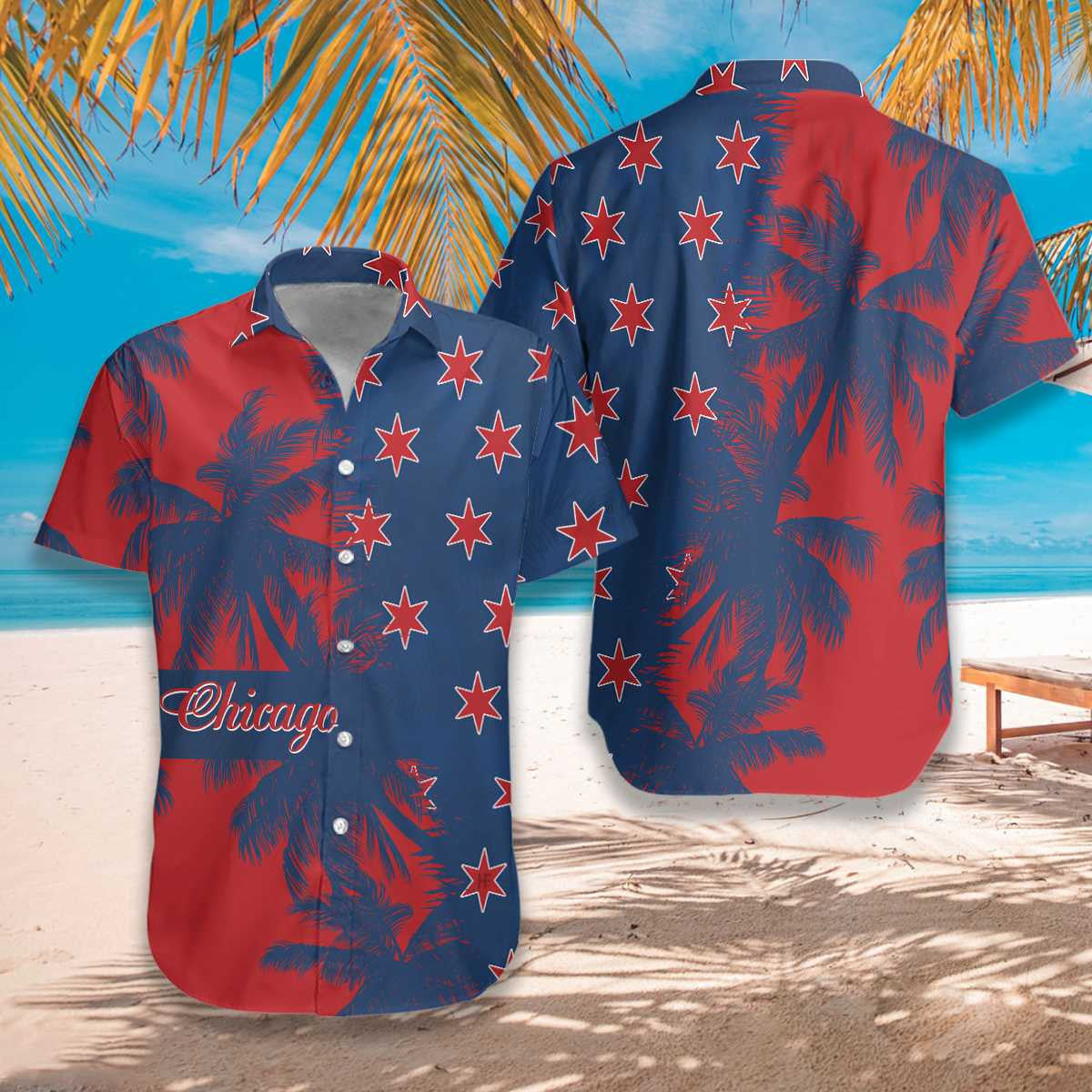 Red And Blue Chicago Watercolor Design Hawaiian Shirt,Hawaiian Shirt Gift, Christmas Gift