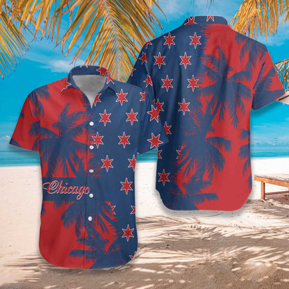 Red And Blue Chicago Watercolor Design Hawaiian Shirt,Hawaiian Shirt Gift, Christmas Gift