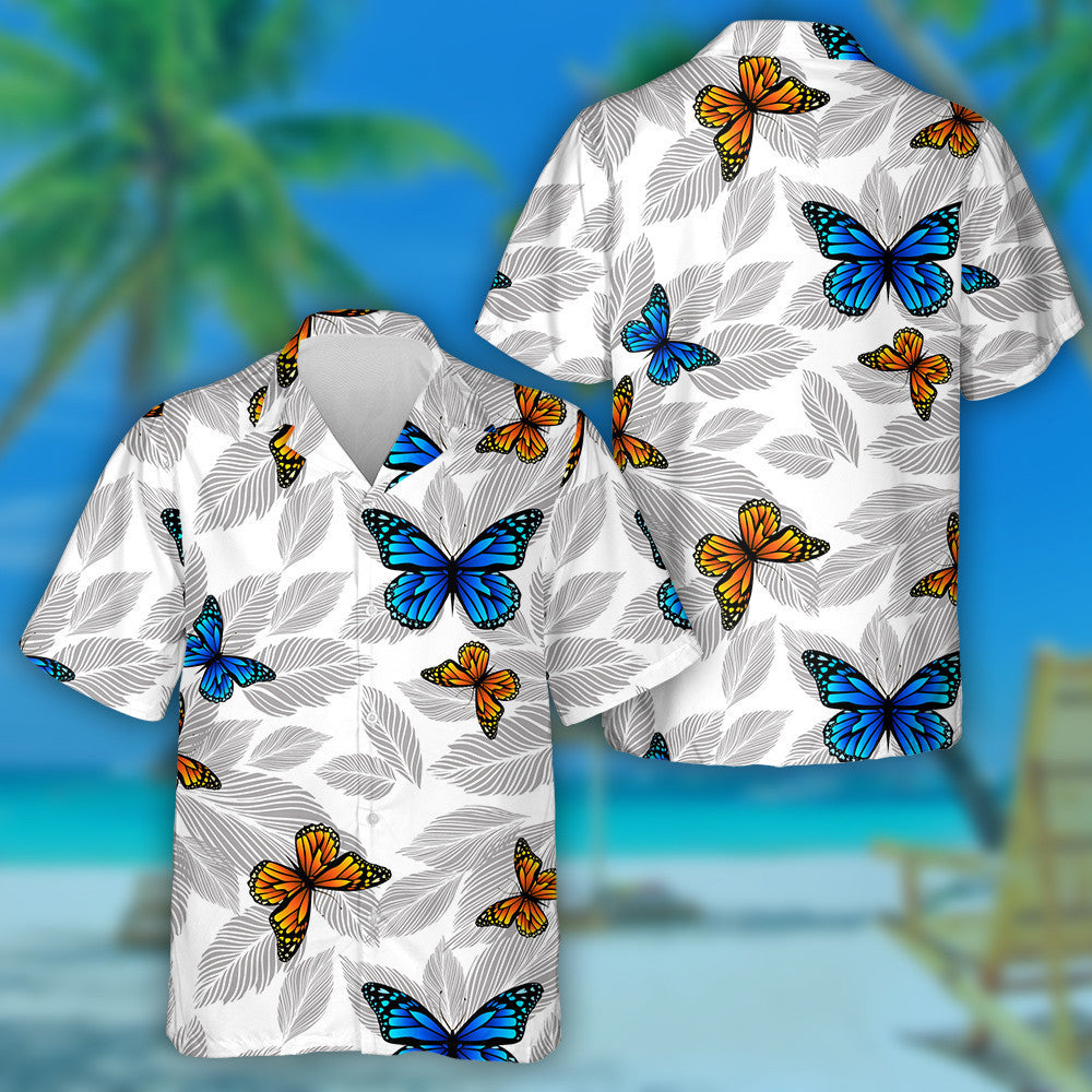 Graphic Grey Leaves Monochrome With Butterflies Hawaiian Shirt,Hawaiian Shirt Gift, Christmas Gift