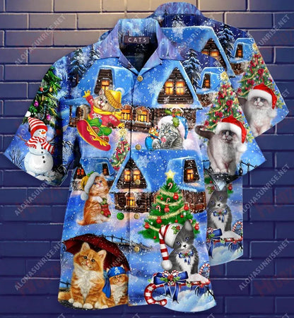 Meow Meow Cats Merry Xmas Short Short Sleeve Shirt Vacation Hawaiian T Shirts Best Hawaiian Shirts Funny Hawaiian Shirts, Hawaiian Shirt Gift, Christmas Gift