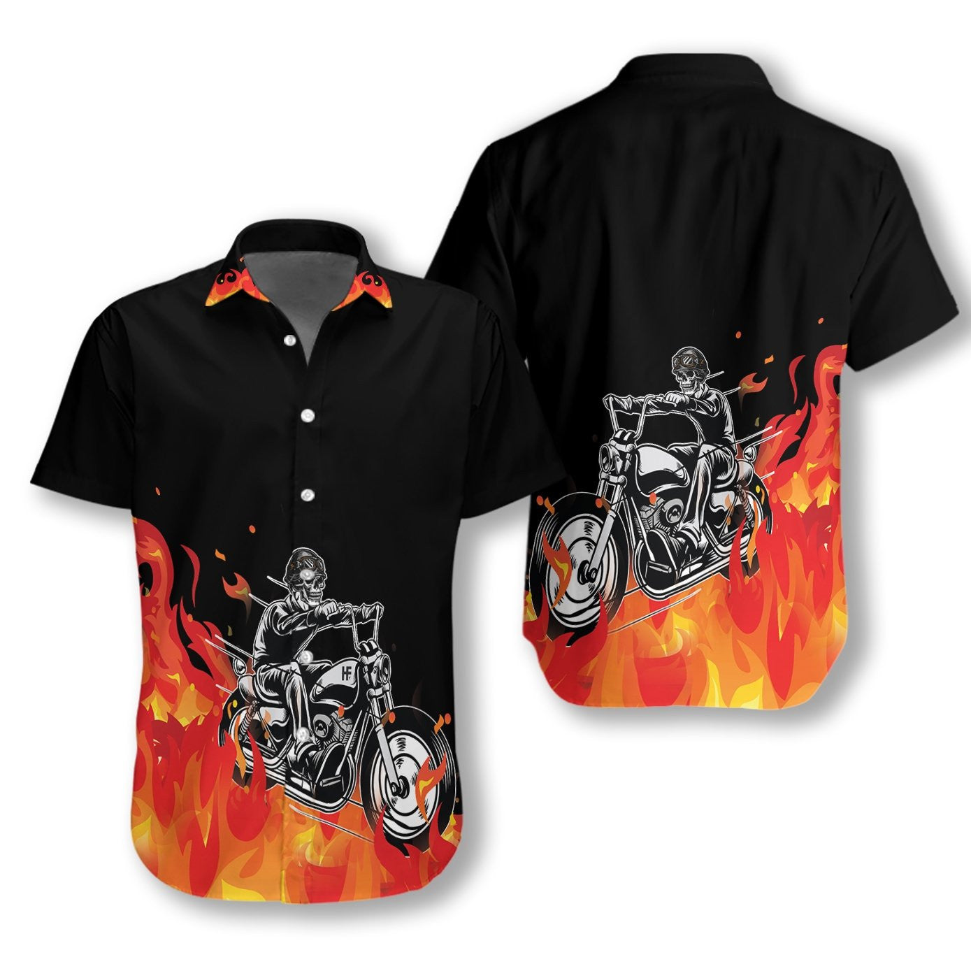 Motorbike Skull With Fire Pattern Black Theme Hawaiian Shirt, Hawaiian Shirt Gift, Christmas Gift