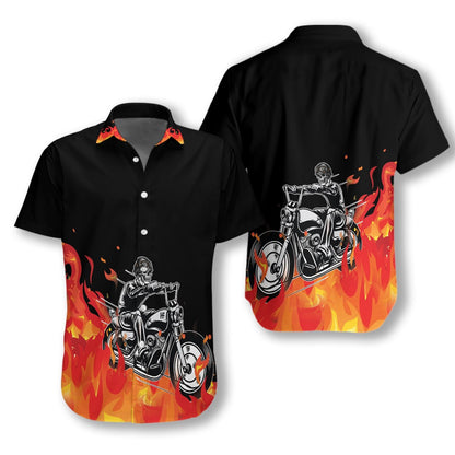 Motorbike Skull With Fire Pattern Black Theme Hawaiian Shirt, Hawaiian Shirt Gift, Christmas Gift