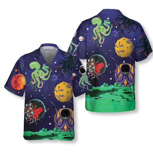 Lovely Octopus Astronaut In Space With Planets Cartoon Pattern Hawaiian Shirt, Hawaiian Shirt Gift, Christmas Gift
