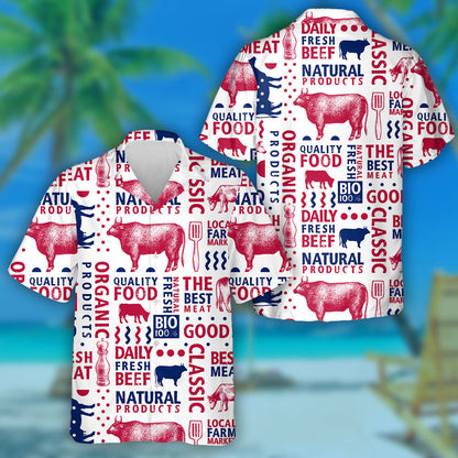 Bull And Cow Silhouette Hand Drawn Retro Farm Hawaiian Shirt, Hawaiian Shirt Gift, Christmas Gift