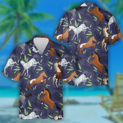 Brown Grey White Horses And Leaves Hawaiian Shirt, Hawaiian For Gift