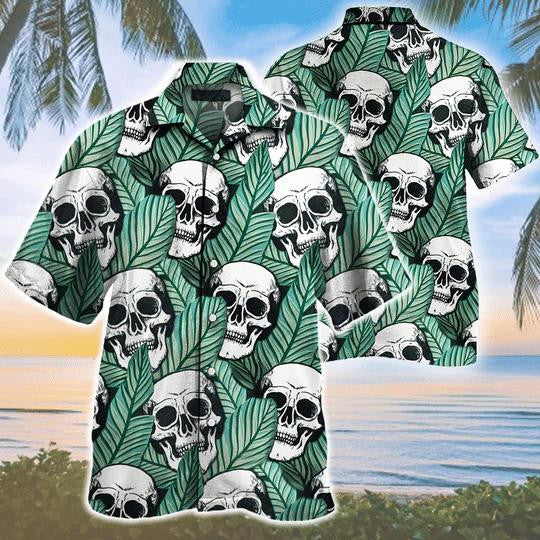 Tropical Skull And Green Leaf Seamless Pattern Hawaiian Shirt, Hawaiian Shirt Gift, Christmas Gift