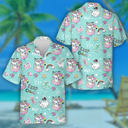 Beautiful Cat Mermaid With A Circle Of A Flamingo Hawaiian Shirt, Hawaiian Shirt Gift, Christmas Gift