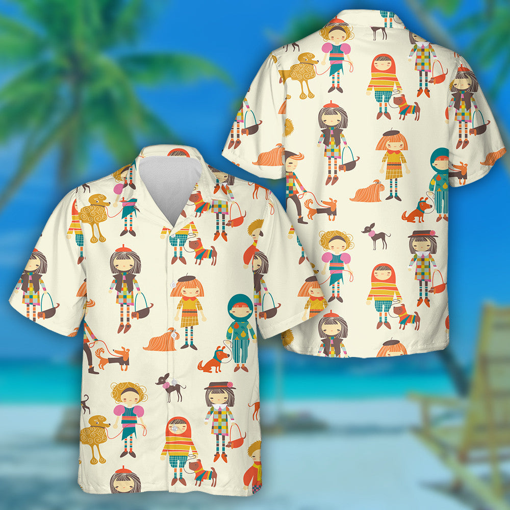 Girls And Boys With Dogs On Brown Hawaiian Shirt,Hawaiian Shirt Gift, Christmas Gift