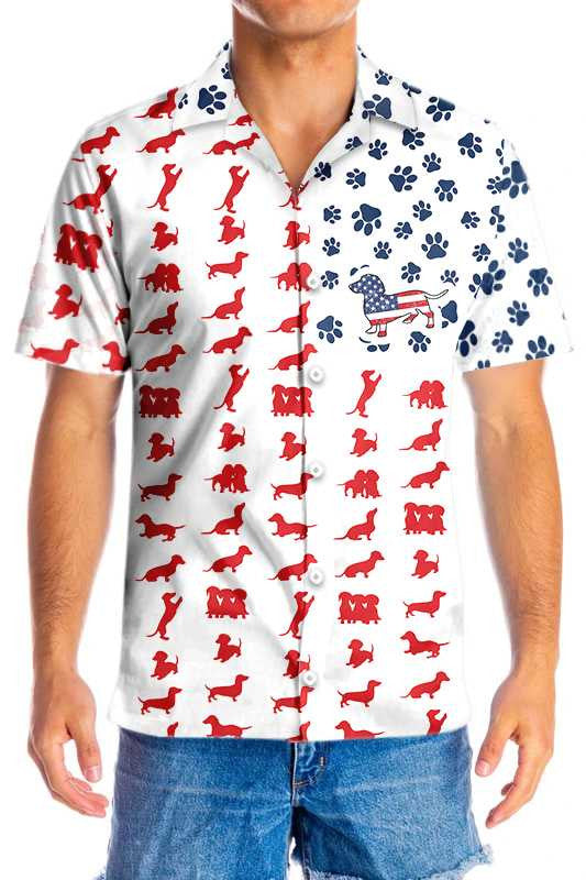 Navy And Red Texture Dachshund American Flag Hawaiian Shirt, Hawaiian Shirt Gift, Christmas Gift