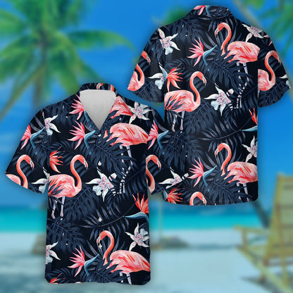 Lovely Flamingo With Palm Leave And Exotic Flowers Hawaiian Shirt, Hawaiian Shirt Gift, Christmas Gift