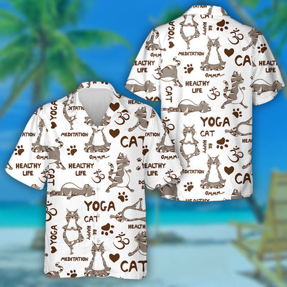Cartoon Gray Cat Doing Yoga Position Hawaiian Shirt, Hawaiian Shirt Gift, Christmas Gift