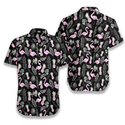 Flamingo Tropical 05 On Black Background Pattern Hawaiian Shirt, Hawaiian Shirt Gift, Christmas Gift