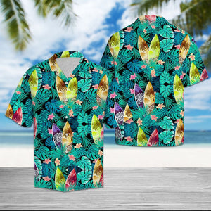 Aloha Surfboard Tropical Palm Leaves Summer Vacation Themed Hawaiian Shirt, Hawaiian Shirt Gift, Christmas Gift