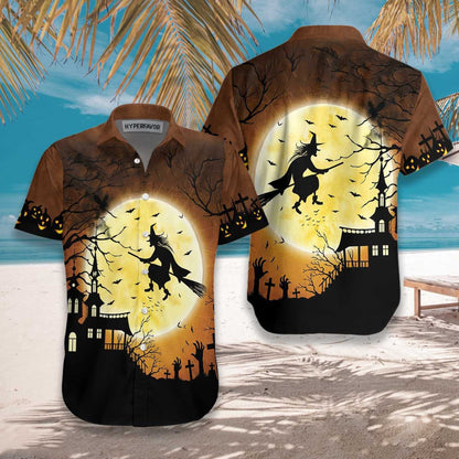 Halloween Night Flying Witch Over A Castle Dramatic Hawaiian Shirt, Hawaiian Shirt Gift, Christmas Gift