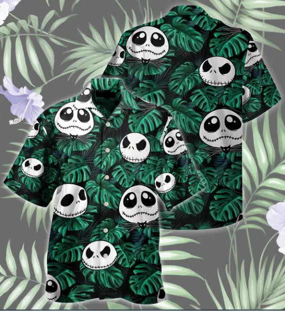 Funny Jack Skellington Pattern With Tropical Green Leaves Hawaiian Shirt, Hawaiian Shirt Gift, Christmas Gift