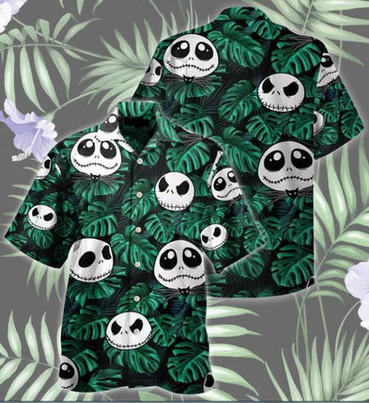 Funny Jack Skellington Pattern With Tropical Green Leaves Hawaiian Shirt, Hawaiian Shirt Gift, Christmas Gift
