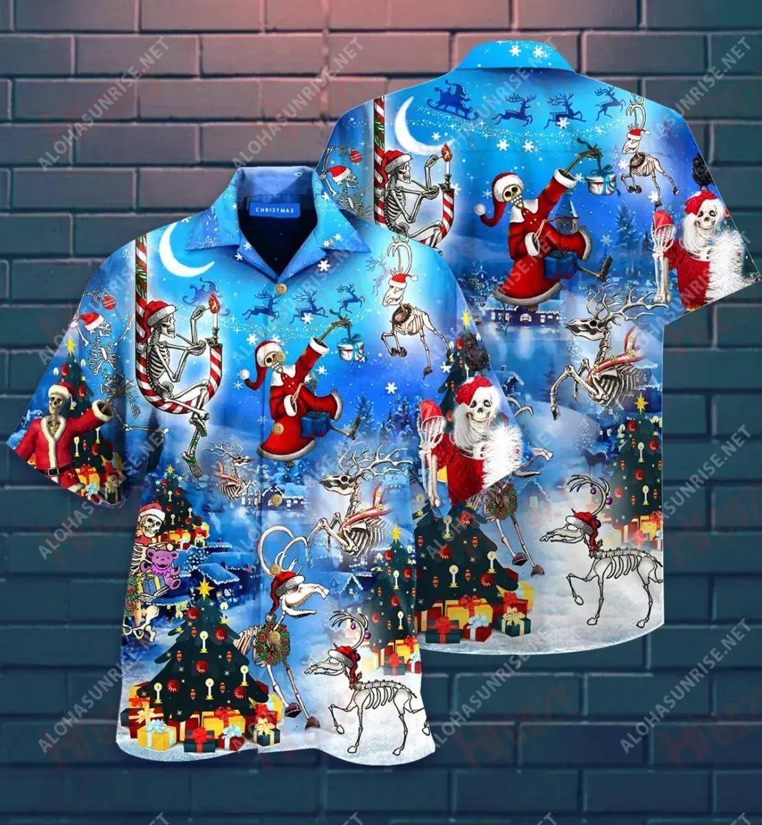 Happy Christmas With Skeleton Short Hawaiian Shirt Vacation Hawaiian T Shirts Best Hawaiian Shirts Hawaiian Shirts For Women, Hawaiian Shirt Gift, Christmas Gift