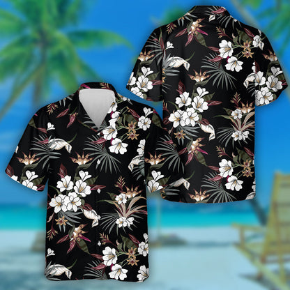 Unique Pattern With Tropical White Flower And Palm Leaves Hawaiian Shirt, Hawaiian Shirt Gift, Christmas Gift