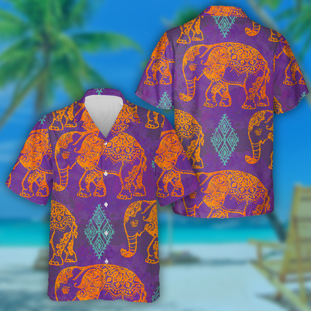 Smiling Gold Elephant With Rhombus Shapes Hawaiian Shirt,Hawaiian Shirt Gift, Christmas Gift