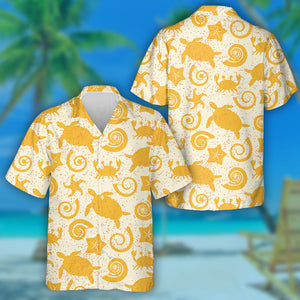 Abstract Yellow Turtles Crabs Stars And Shells Hawaiian Shirt, Hawaiian Shirt Gift, Christmas Gift