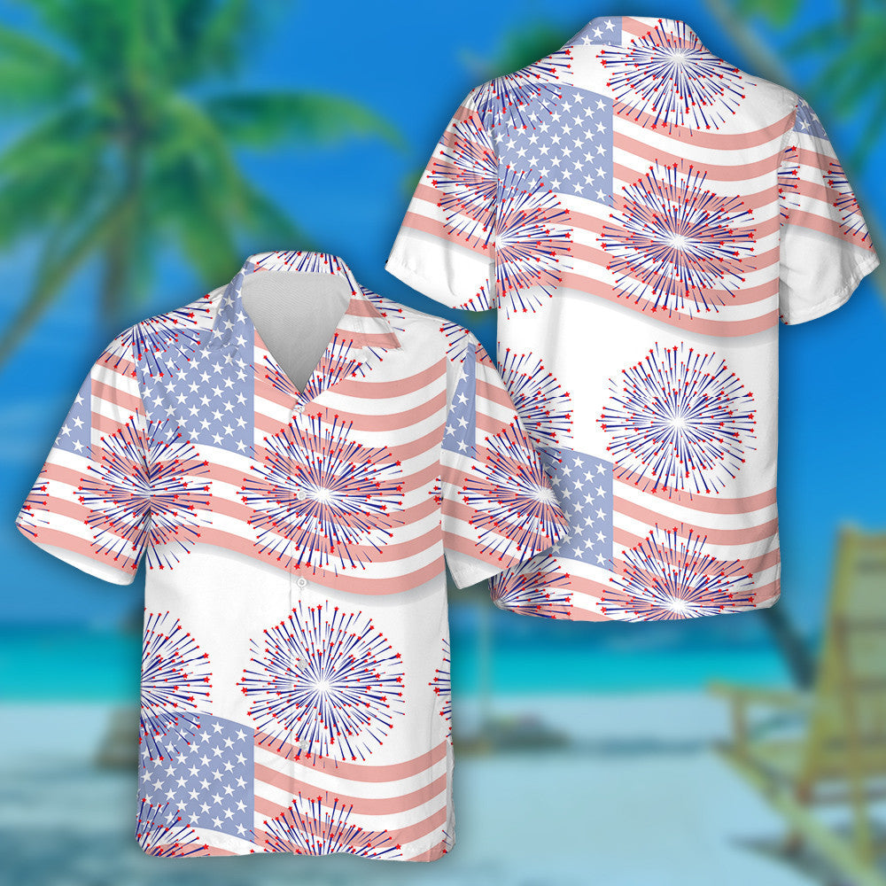 Shooting Stars Blue Fireworks On American Flag Pattern Hawaiian Shirt, Hawaiian Shirt Gift, Christmas Gift