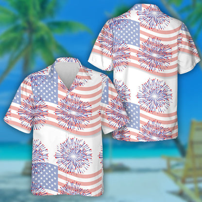 Shooting Stars Blue Fireworks On American Flag Pattern Hawaiian Shirt, Hawaiian Shirt Gift, Christmas Gift