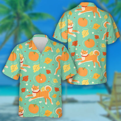 Cartoon Shiba Inu Dog And Pumpkins Isolated Background Hawaiian Shirt, Hawaiian Shirt Gift, Christmas Gift