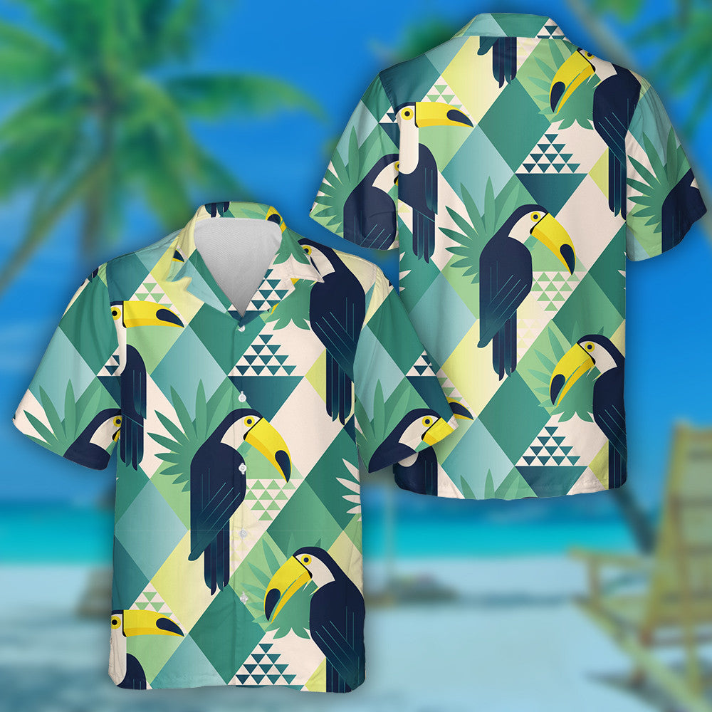 Funny Bird On Rhombus Patchwork Background Hawaiian Shirt,Hawaiian Shirt Gift, Christmas Gift