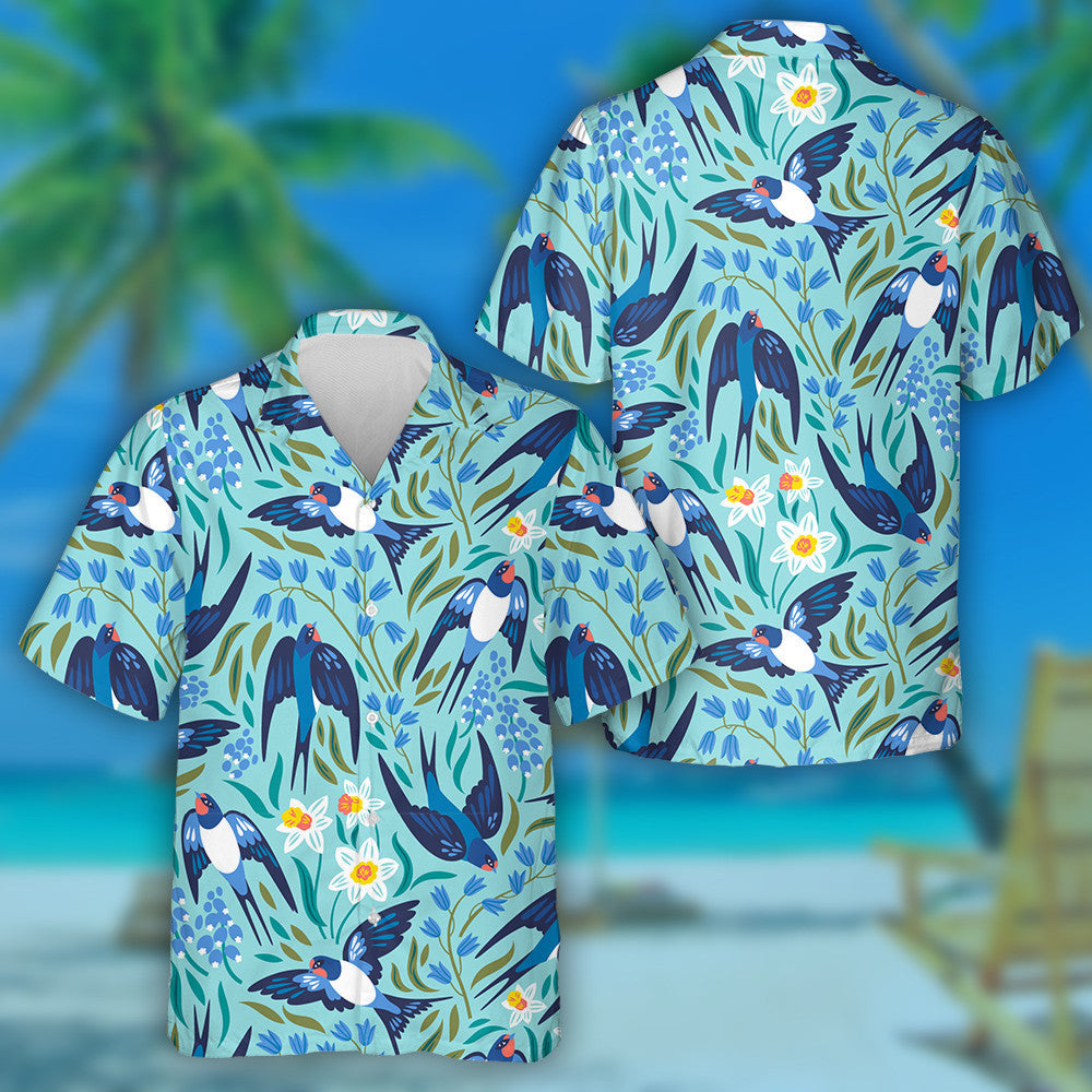 Flying Swallows And Flowers Narcissuses Hyacinths And Muscari Hawaiian Shirt, Hawaiian Shirt Gift, Christmas Gift