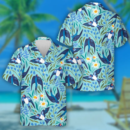 Flying Swallows And Flowers Narcissuses Hyacinths And Muscari Hawaiian Shirt, Hawaiian Shirt Gift, Christmas Gift