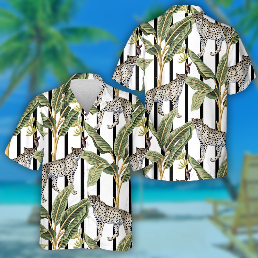 Tropical Banana Trees And Leopard Black And White Striped Hawaiian Shirt, Hawaiian Shirt Gift, Christmas Gift