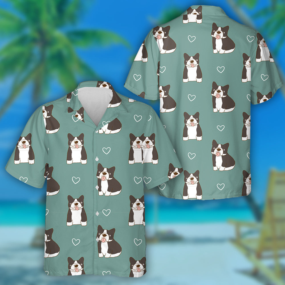 French Bulldog And Heart On Green Background Hawaiian Shirt, Hawaiian Shirt Gift, Christmas Gift